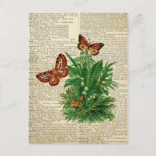 Butterfly floral art on vintage dictionary page postcard