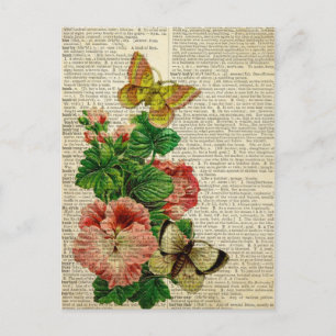 Butterfly floral art on vintage dictionary page postcard