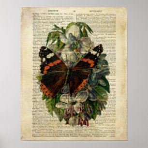 Butterfly floral art on vintage dictionary page poster