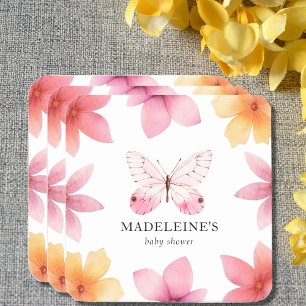 Butterfly Floral Baby Shower Personalised  Square Paper Coaster