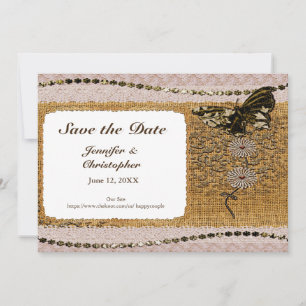 Butterfly Floral Beads Lace & Burlap Add Photo Save The Date