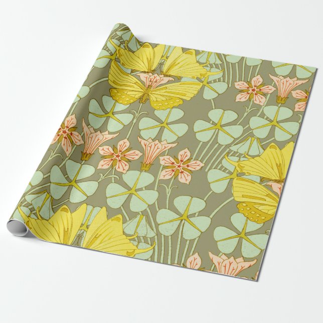 Butterfly Floral Botanical Colorful Wrapping Paper (Unrolled)