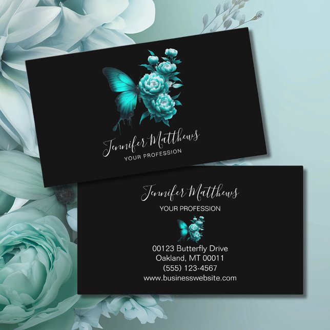 Butterfly Floral Elegant Script Black Business Card (Creator Uploaded)