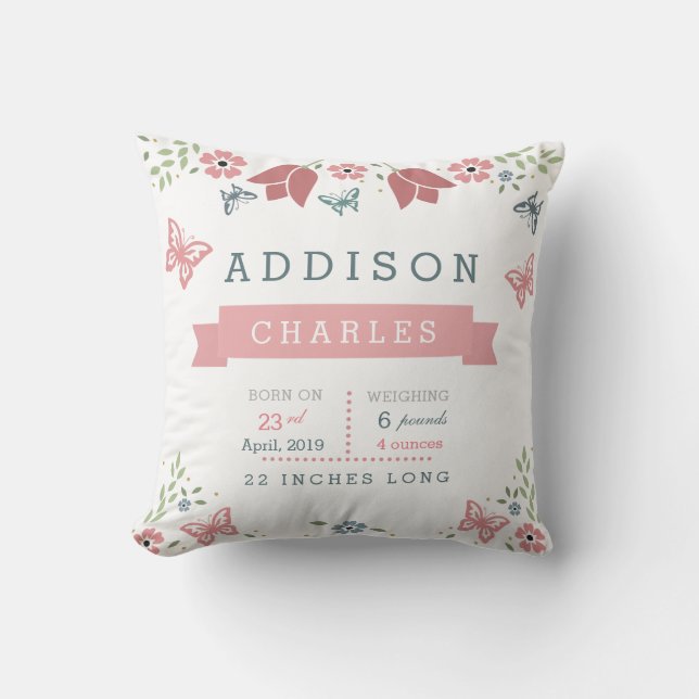 Butterfly Floral Garden Baby Stats Pillow (Front)