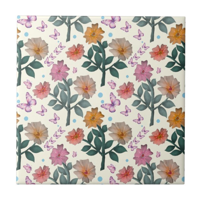 Butterfly Floral Garden Pattern   Ceramic Tile (Front)