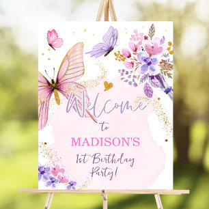 Butterfly Floral Garden Pink Girl Birthday Welcome Poster