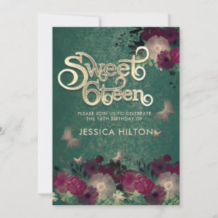 Butterfly floral garden sweet sixteen green invitation