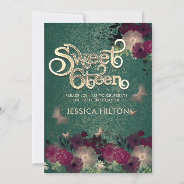 Butterfly floral garden sweet sixteen green invitation (Front)