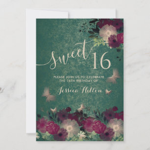 Butterfly floral garden sweet sixteen green invitation