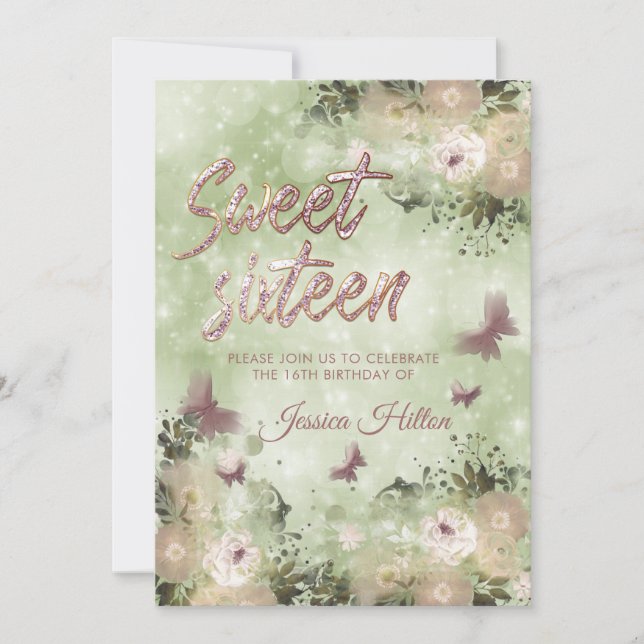Butterfly floral garden sweet sixteen invitation (Front)