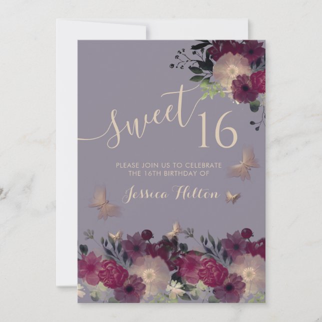 Butterfly floral garden sweet sixteen invitation (Front)