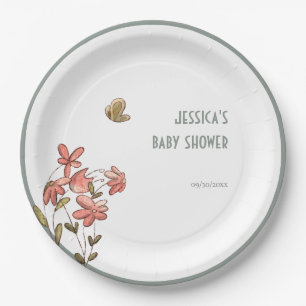 Butterfly Floral Girl Baby Shower  Paper Plate