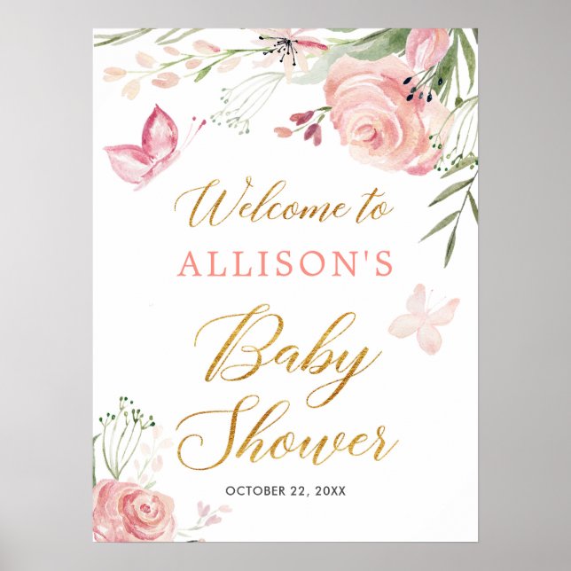 Butterfly floral girl baby shower welcome sign (Front)