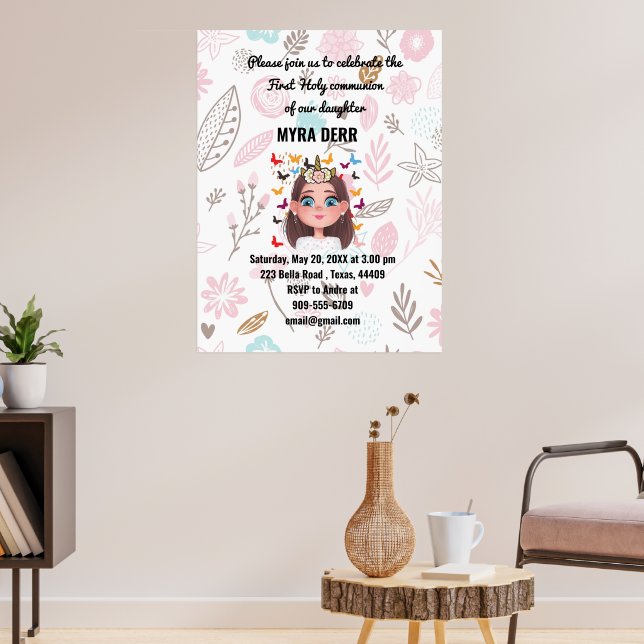 Butterfly Floral Girl First Holy Communion invite Poster (Living Room 3)