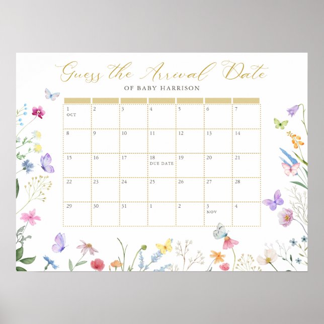 Butterfly Floral Guess the Arrival Date Calendar  Poster (Front)