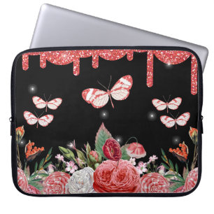 Butterfly & Floral Laptop Bag with Red Glitter