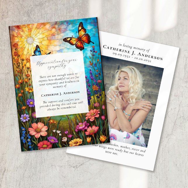 Butterfly Floral Memorial Photo Sympathy Funeral Thank You Card (Creator Uploaded)