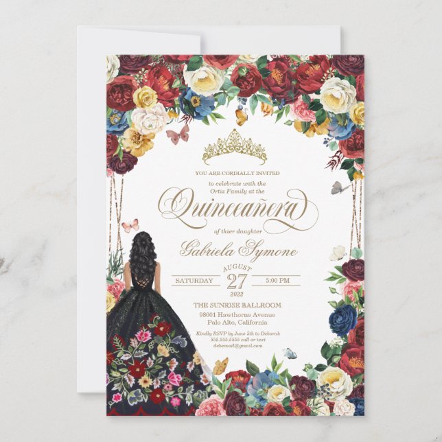 Butterfly Floral Mexican Embroidery Quinceanera Invitation (Front)