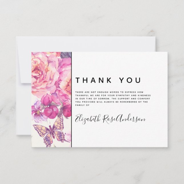 Butterfly Floral Modern Sympathy Funeral Thank You Card (Front)
