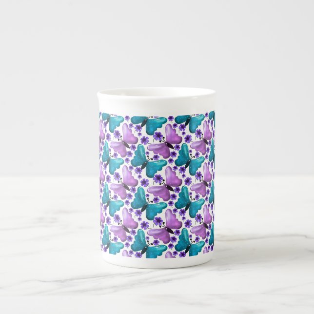 Butterfly Floral Pattern Aesthetic Cute Flowers Bone China Mug (Front)