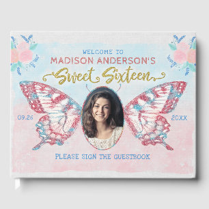 Butterfly Floral Photo Sweet 16 Birthday Party Guest Book