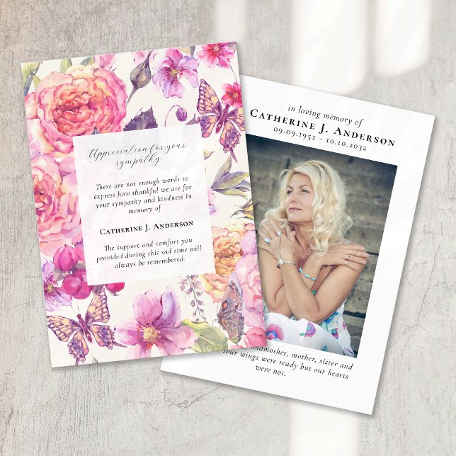 Butterfly Floral Photo Sympathy Funeral Memorial Thank You Card (Creator Uploaded)