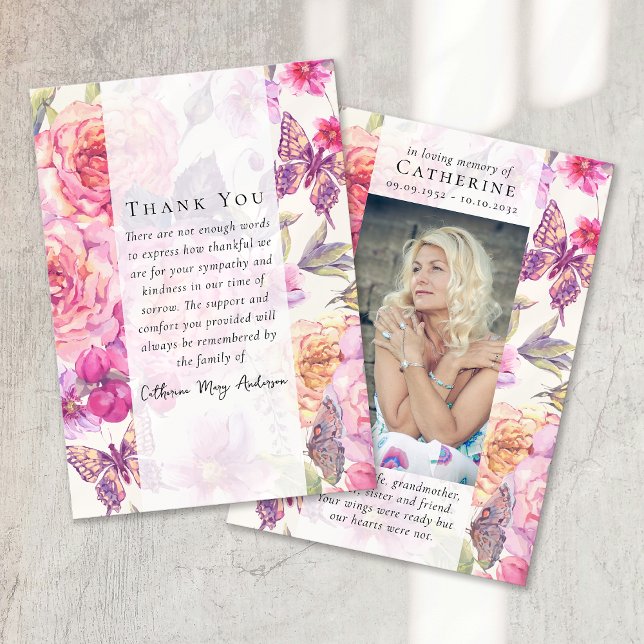 Butterfly Floral Photo Sympathy Funeral Memorial Thank You Card (Creator Uploaded)