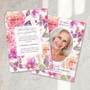 Butterfly Floral Photo Sympathy Funeral Memorial Thank You Card
