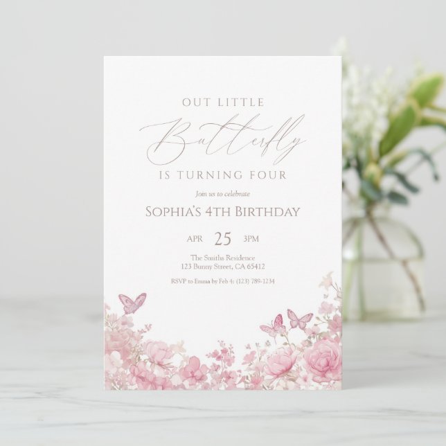 Butterfly Floral Pink Birthday Invitation (Standing Front)