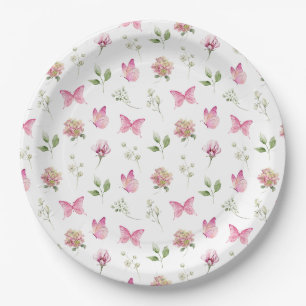 Butterfly Floral Pink White Baby Shower Paper Plate