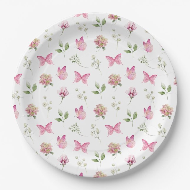 Butterfly Floral Pink White Baby Shower Paper Plate (Front)