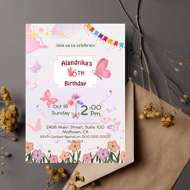 Butterfly floral pink & white cute 6th birthday  invitation (Creator Uploaded)