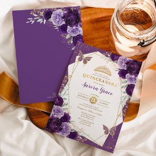 Butterfly Floral Quinceañera Violet Gold Geometric Invitation