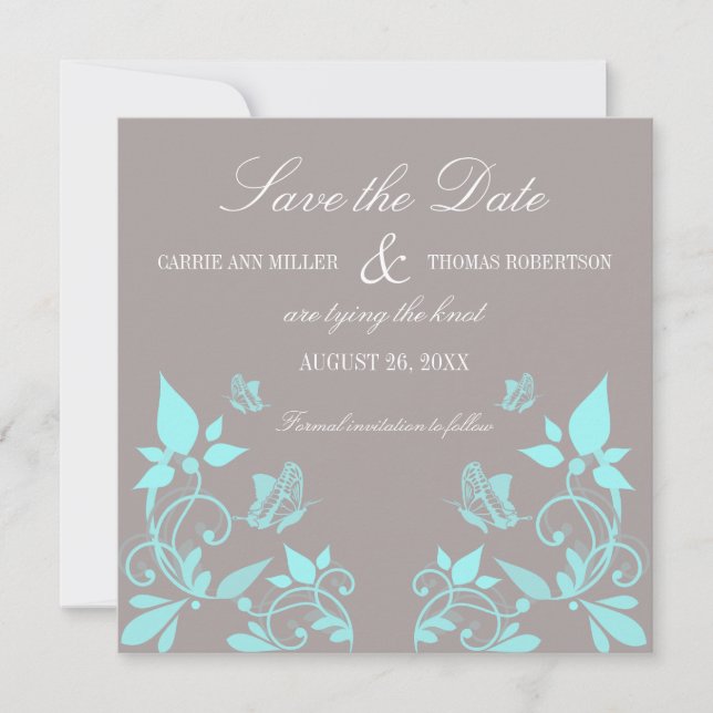 Butterfly Floral Save the Date Invite, Aqua (Front)