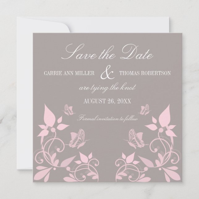 Butterfly Floral Save the Date Invite, Pink (Front)