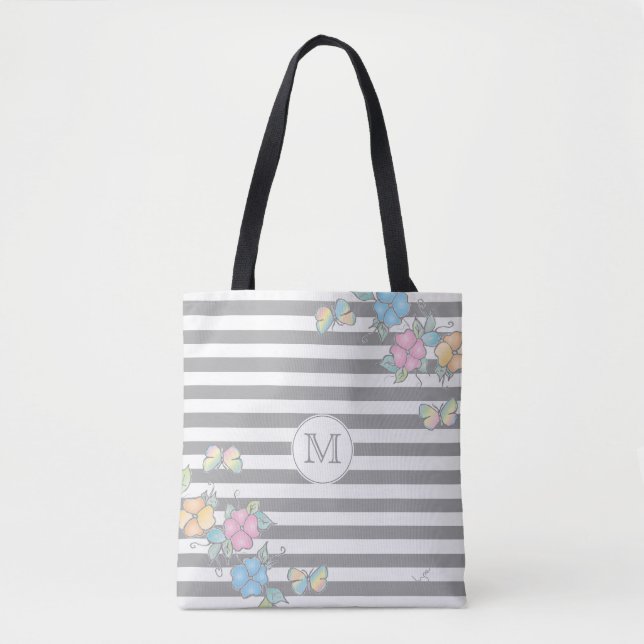 Butterfly Floral Striped Monogram Grey Tote Bag (Front)