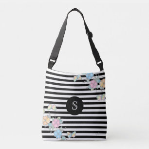 Butterfly Floral Striped MonogramBlack Crossbody Bag