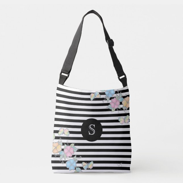 Butterfly Floral Striped MonogramBlack Crossbody Bag (Front)