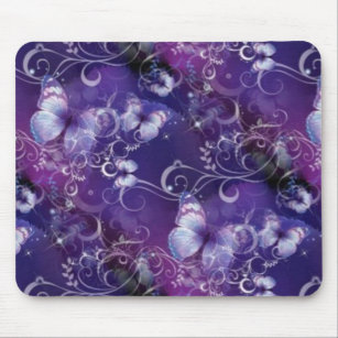 Butterfly, floral swirls on purple Mousepad