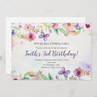 Butterfly Floral Watercolor Birthday Invitation