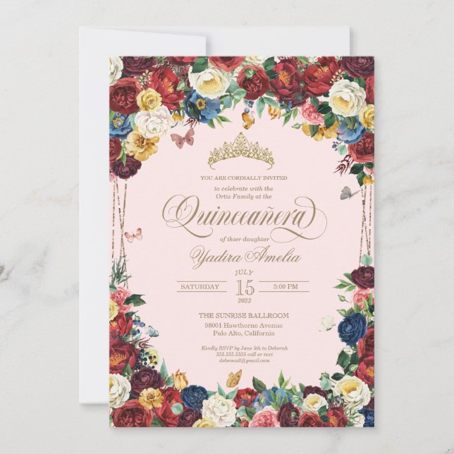 Butterfly Floral Watercolor Pink Red Quinceanera Invitation (Front)