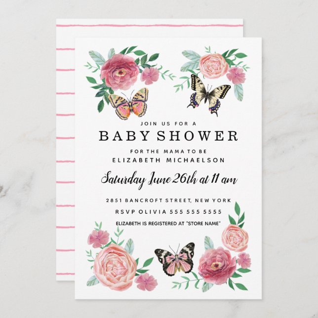 Butterfly Florals Pink Baby Girl Baby Shower Invitation (Front/Back)