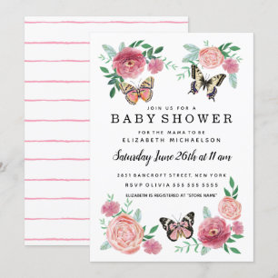 Butterfly Florals Pink Baby Girl Baby Shower Invitation