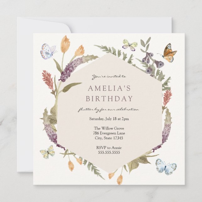 Butterfly Flower Garden Birthday Invitation (Front)