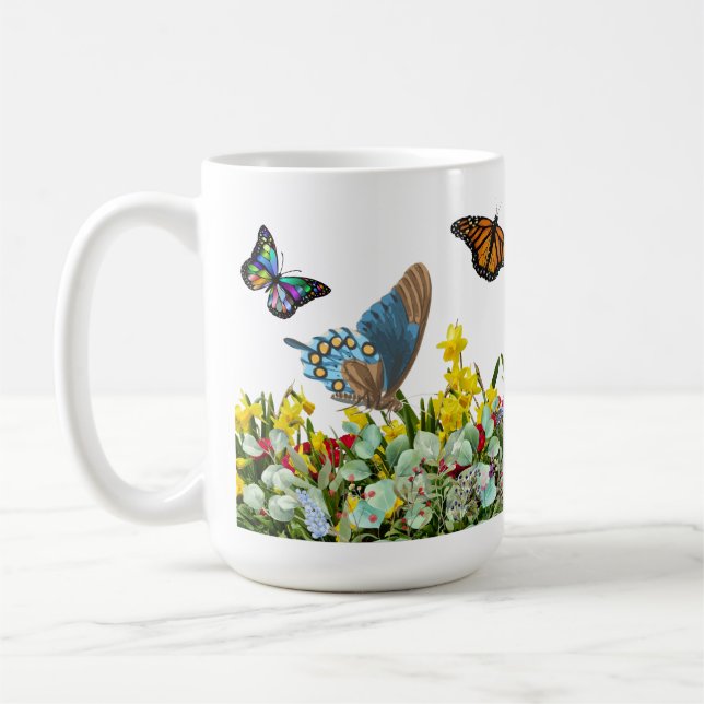 Butterfly Flower Garden With Tulips and Daisies Coffee Mug (Left)