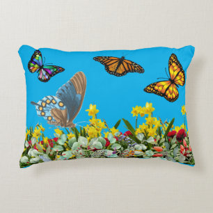 Butterfly Flower Garden With Tulips and Daisies Decorative Cushion