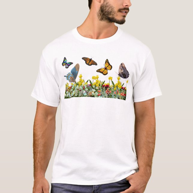 Butterfly Flower Garden With Tulips and Daisies  T-Shirt (Front)