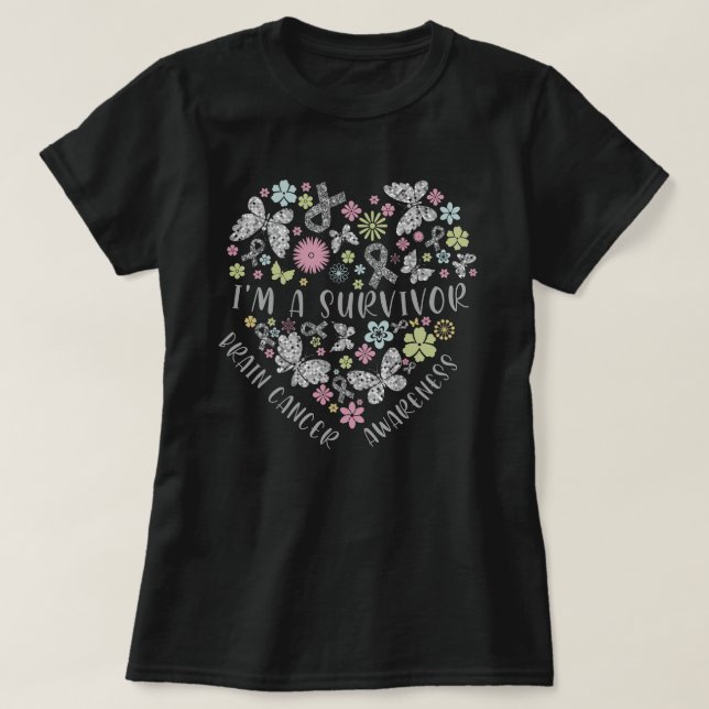 Butterfly Flower Heart Brain Cancer Survivor T-Shirt (Design Front)