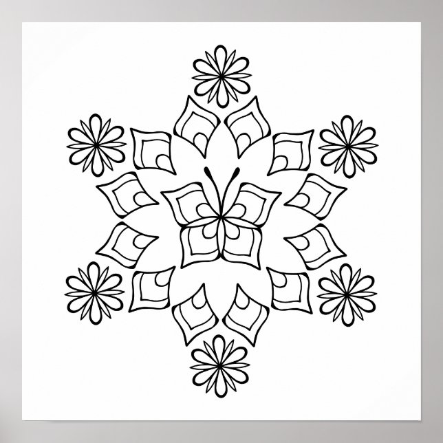 Butterfly Flower Mandala Adult Colouring Poster (Front)