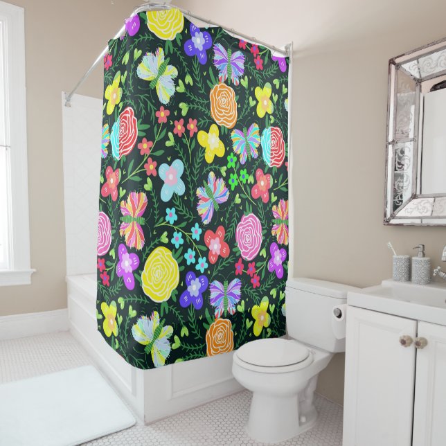 Butterfly Flower Rainbow Shower Curtain (In Situ)